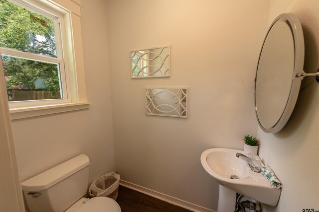 bathroom with hardwood / wood-style floors, sink, and toilet