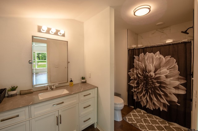 bathroom featuring lofted ceiling, toilet, hardwood / wood-style flooring, vanity, and a shower with shower curtain