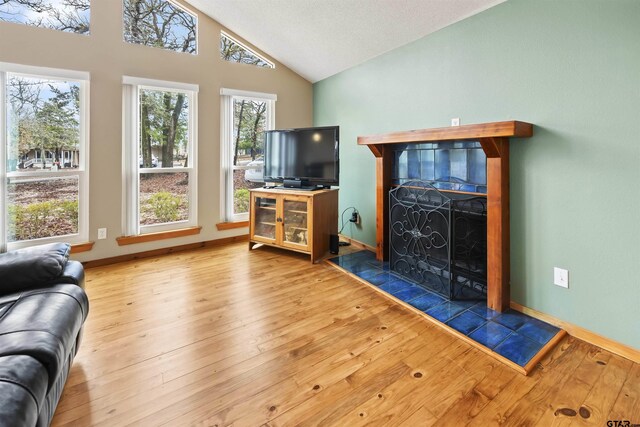 living room with a tile fireplace, wood-type flooring, and lofted ceiling