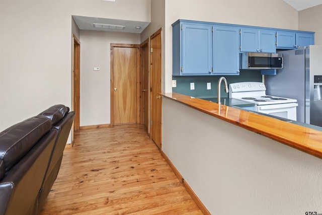 kitchen with white electric range oven, wooden counters, light hardwood / wood-style flooring, and blue cabinets