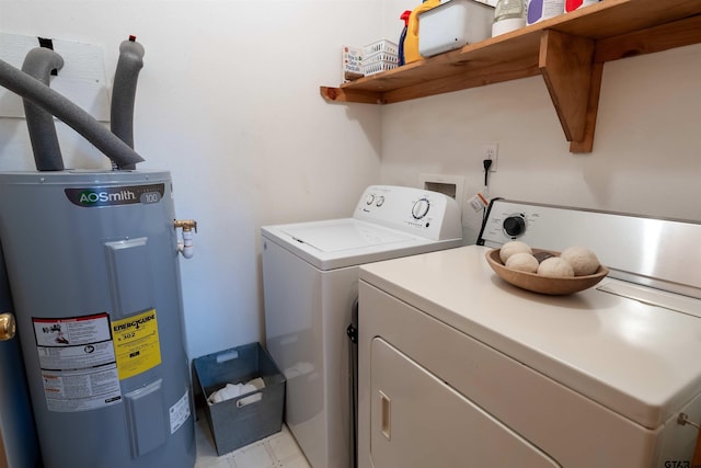 clothes washing area featuring washer and clothes dryer and electric water heater