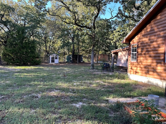 view of yard featuring a storage shed