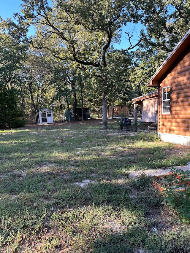 view of yard featuring a storage unit