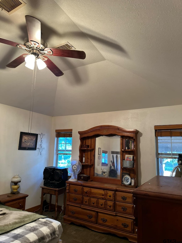 bedroom featuring vaulted ceiling, ceiling fan, and a textured ceiling