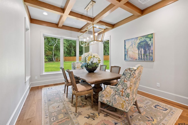8810 Wilder Trl, Tyler, TX 75703 - dining area with wood finished floors, beam ceiling, coffered ceiling, and a chandelier