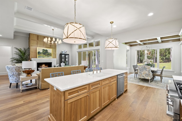 8810 Wilder Trl, Tyler, TX 75703 - kitchen featuring stainless steel dishwasher, light wood-style floors, recessed lighting, a fireplace, and decorative light fixtures