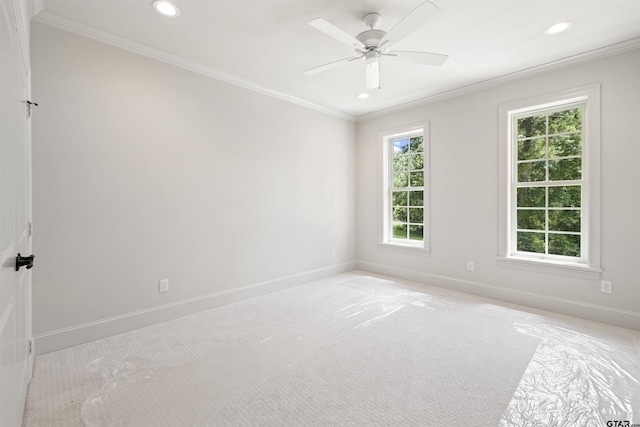 8810 Wilder Trl, Tyler, TX 75703 - spare room with recessed lighting, ornamental molding, ceiling fan, and light carpet