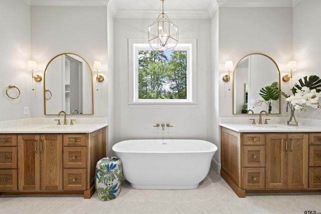 8810 Wilder Trl, Tyler, TX 75703 - bathroom with two vanities, a freestanding bath, and ornamental molding