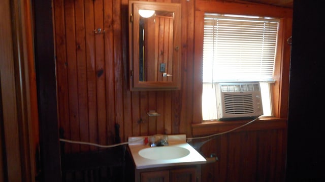 bathroom with wooden walls and vanity