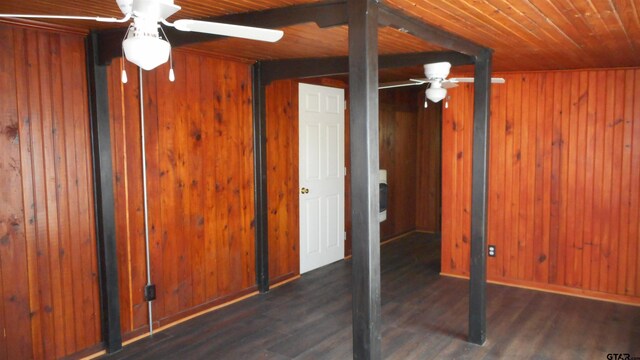 unfurnished bedroom featuring dark wood-type flooring, wood walls, and wood ceiling