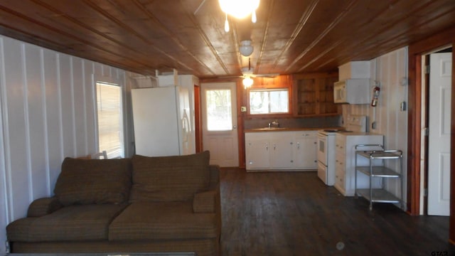 living room with wood ceiling and dark wood-style flooring