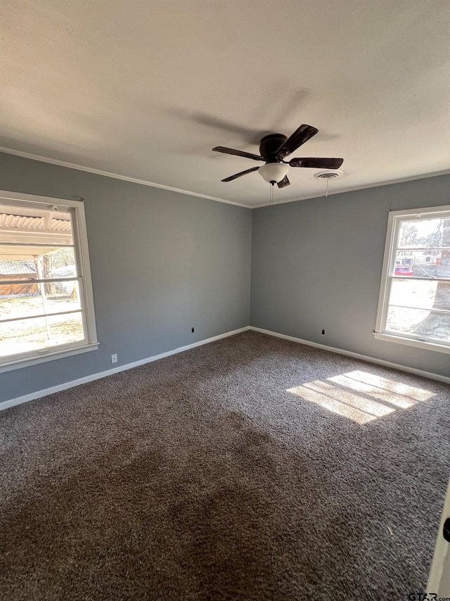 unfurnished room with baseboards, a healthy amount of sunlight, and carpet flooring