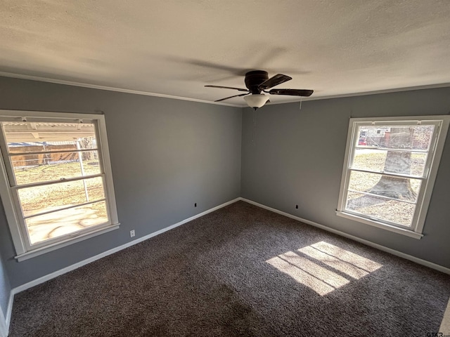 unfurnished room with a textured ceiling, ceiling fan, carpet floors, baseboards, and ornamental molding