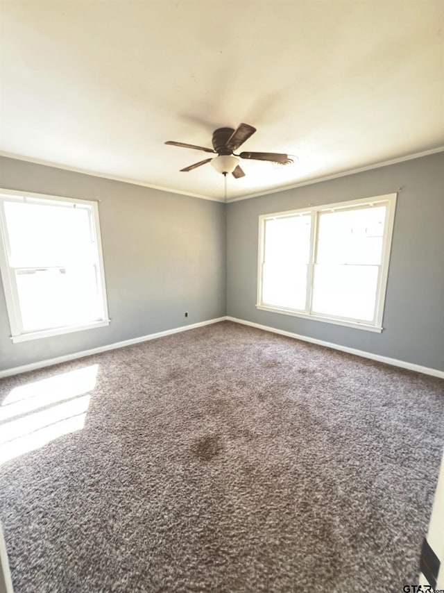 empty room with ornamental molding, plenty of natural light, and baseboards