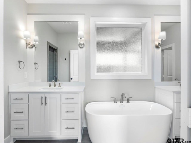 bathroom featuring vanity and a tub