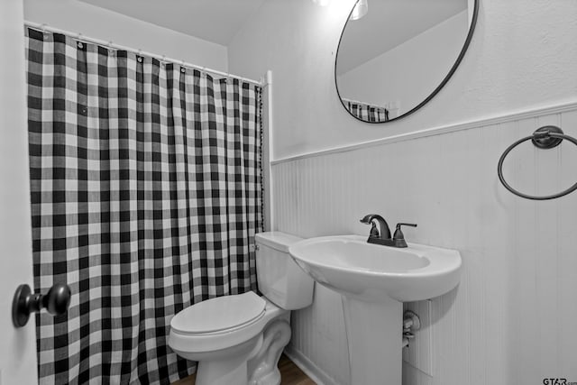 full bath with curtained shower, wainscoting, a sink, and toilet