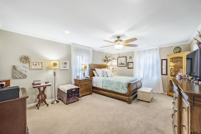 18058 Whispering Pines Rd, Flint, TX 75762 - bedroom with light colored carpet, crown molding, and ceiling fan