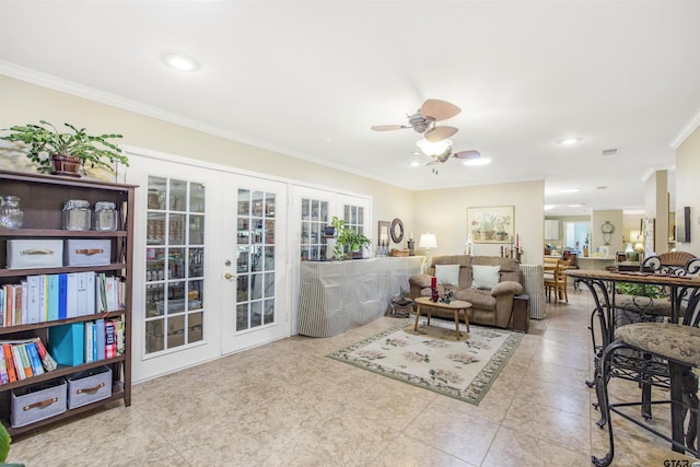 18058 Whispering Pines Rd, Flint, TX 75762 - living area with french doors, crown molding, ceiling fan, recessed lighting, and tile patterned flooring