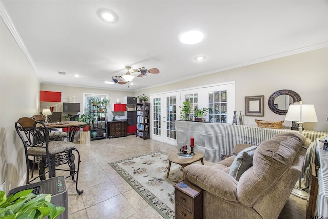 18058 Whispering Pines Rd, Flint, TX 75762 - living area featuring french doors, ornamental molding, recessed lighting, and a ceiling fan