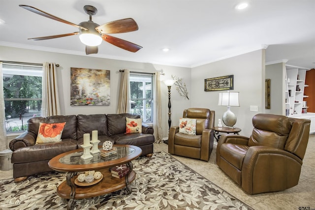 18058 Whispering Pines Rd, Flint, TX 75762 - living area with ceiling fan, ornamental molding, healthy amount of natural light, and recessed lighting