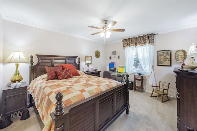 18058 Whispering Pines Rd, Flint, TX 75762 - bedroom featuring light carpet, ornamental molding, and a ceiling fan