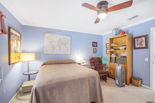 18058 Whispering Pines Rd, Flint, TX 75762 - bedroom featuring light carpet, crown molding, and ceiling fan