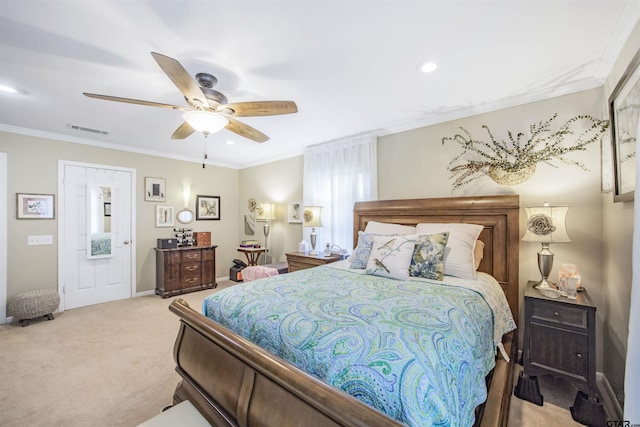 18058 Whispering Pines Rd, Flint, TX 75762 - bedroom with light carpet, ornamental molding, a ceiling fan, and recessed lighting