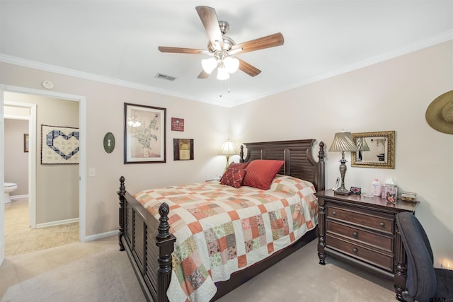 18058 Whispering Pines Rd, Flint, TX 75762 - bedroom with ornamental molding, light colored carpet, and a ceiling fan