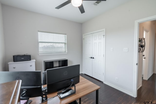 office featuring ceiling fan and dark hardwood / wood-style flooring