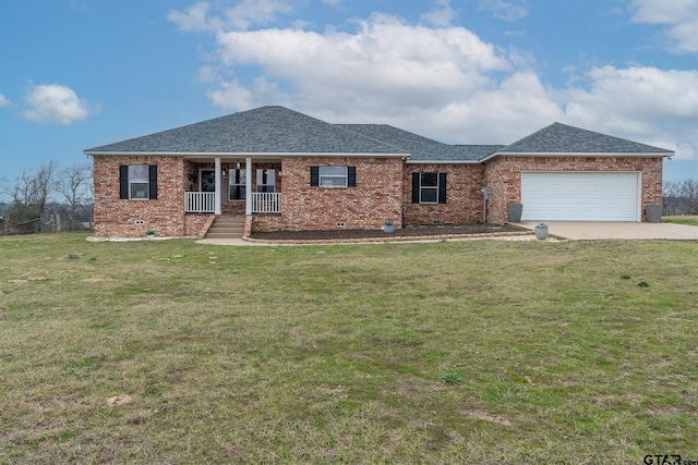 single story home with a garage, covered porch, and a front lawn