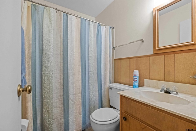 bathroom featuring toilet, wood walls, and vanity