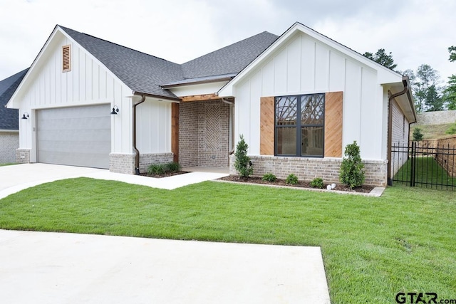 9244 Villas Ct, Tyler, TX 75703 - modern farmhouse featuring board and batten siding, an attached garage, a shingled roof, driveway, and brick siding