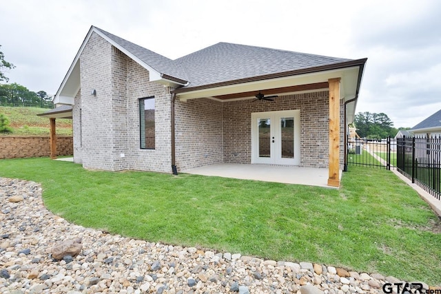 9244 Villas Ct, Tyler, TX 75703 - rear view of property with brick siding, a ceiling fan, a patio, roof with shingles, and french doors