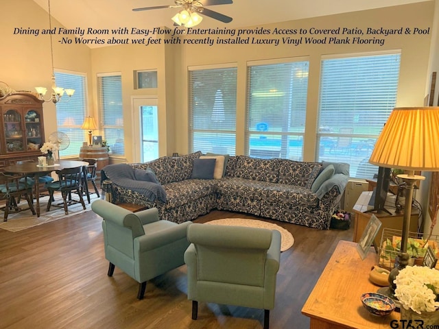 12260 Wild Horse, Tyler, TX 75706 - living area with wood finished floors, ceiling fan, a chandelier, and vaulted ceiling