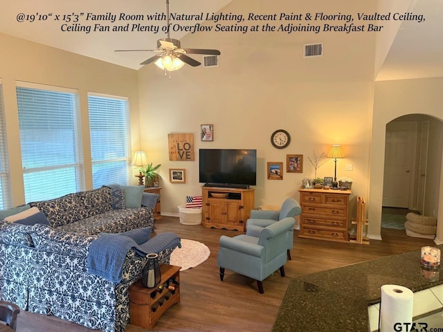 12260 Wild Horse, Tyler, TX 75706 - living area featuring arched walkways, wood finished floors, and ceiling fan