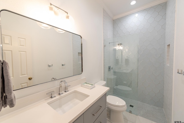 full bath featuring tile patterned floors, a walk in shower, toilet, vanity, and ornamental molding