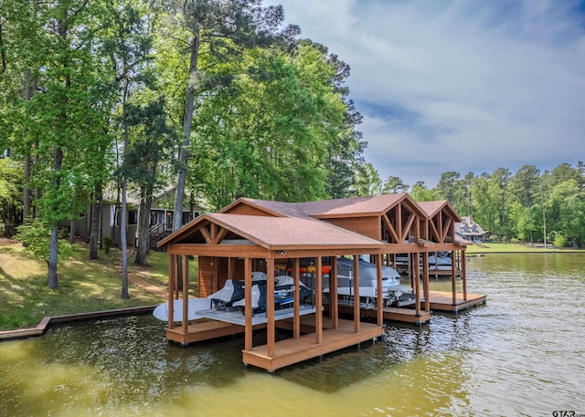 dock area featuring boat lift and a water view