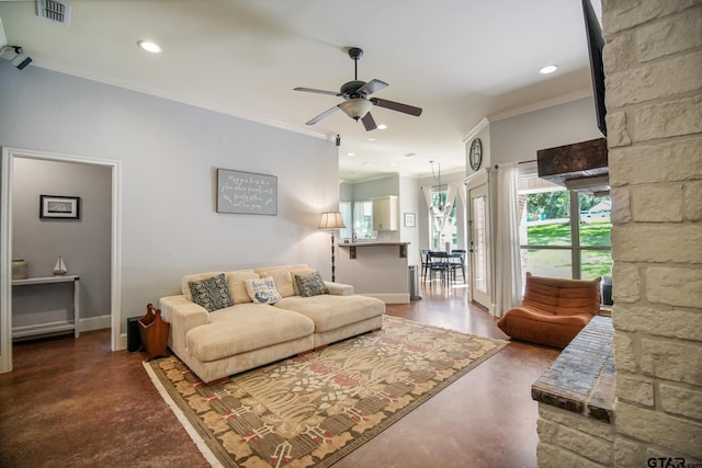 18424 Whipporwill, Flint, TX 75762 - living area featuring concrete floors, ornamental molding, a ceiling fan, recessed lighting, and baseboards