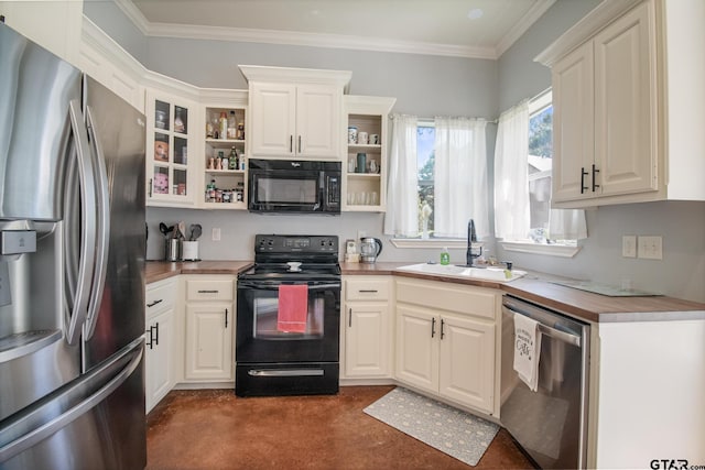 18424 Whipporwill, Flint, TX 75762 - kitchen with black appliances, a sink, open shelves, dark colored carpet, and glass insert cabinets