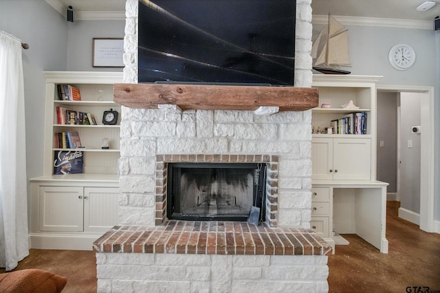 18424 Whipporwill, Flint, TX 75762 - detailed view of crown molding, a fireplace with raised hearth, baseboards, and finished concrete floors