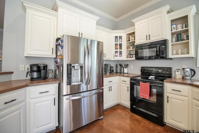 18424 Whipporwill, Flint, TX 75762 - kitchen featuring black appliances, open shelves, butcher block counters, crown molding, and white cabinetry