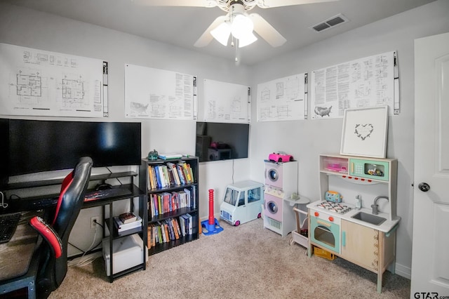 18424 Whipporwill, Flint, TX 75762 - recreation room featuring carpet floors, a ceiling fan, an office area, and baseboards