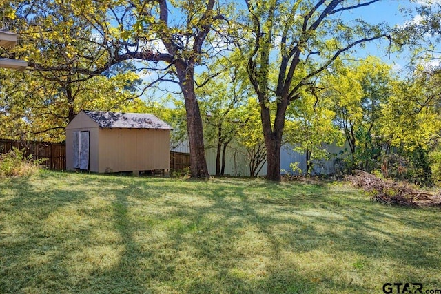 view of yard featuring a storage unit