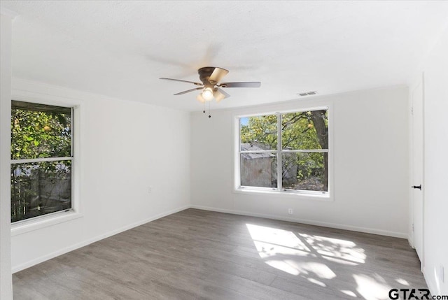 spare room with hardwood / wood-style floors and ceiling fan