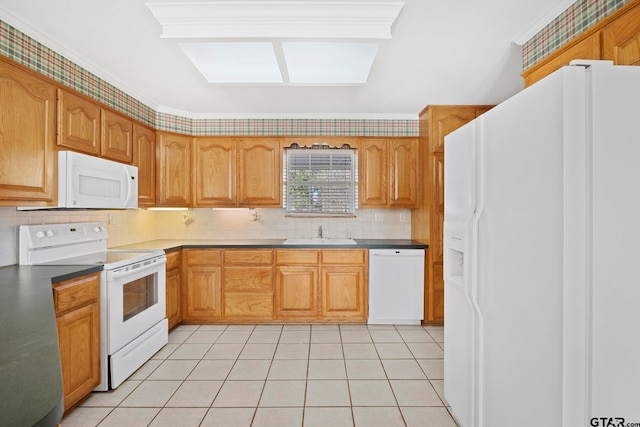 kitchen with crown molding, light tile patterned floors, sink, decorative backsplash, and white appliances