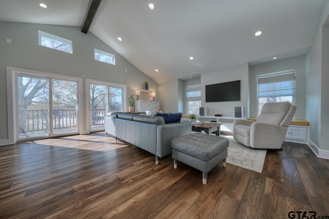 living room with beamed ceiling, dark hardwood / wood-style floors, and high vaulted ceiling