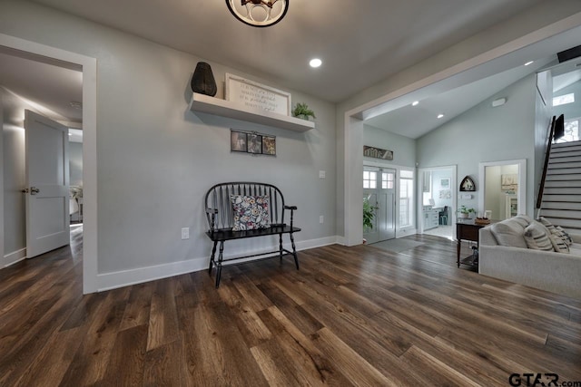 living area with lofted ceiling and dark hardwood / wood-style floors