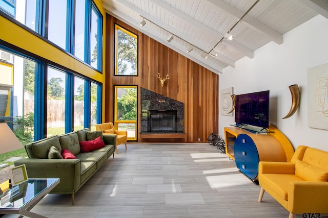 living room featuring wood walls, plenty of natural light, track lighting, and high vaulted ceiling