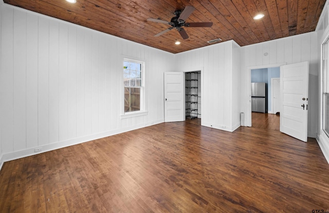 spare room featuring wooden walls, dark hardwood / wood-style flooring, ceiling fan, and wooden ceiling