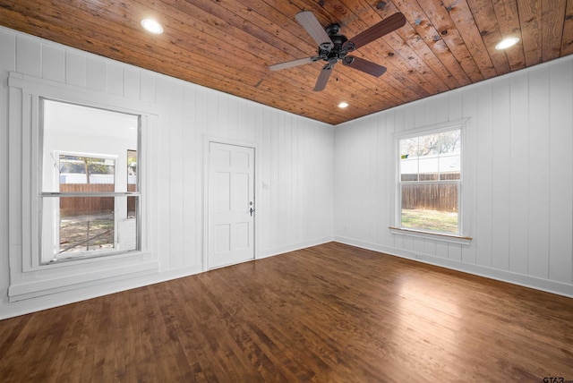 unfurnished room with wood walls, wooden ceiling, and wood-type flooring